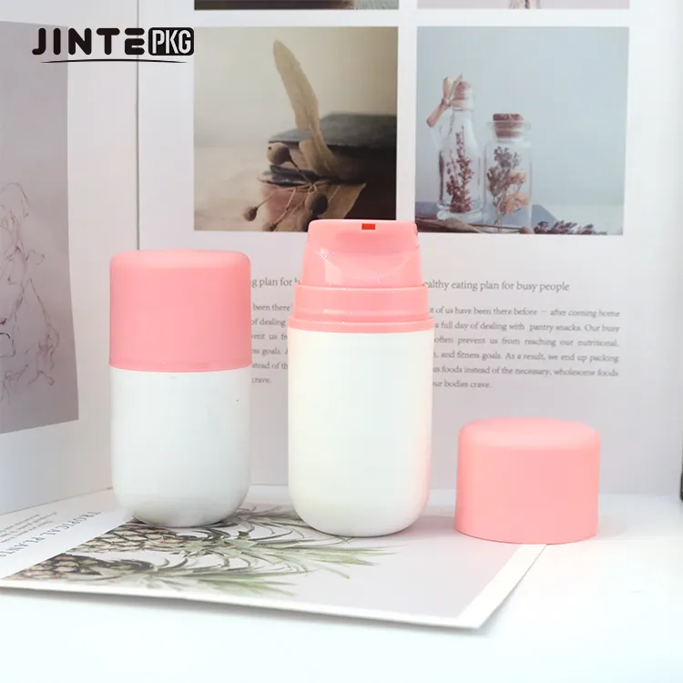 Botellas sin aire cosméticas de plástico bonitas de 50ml y 30ml al por mayor, color rosa mate con bomba para tarros de crema de bebé