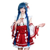 Costume de cosplay d'anime, tenue de Miko, prêtresse japonaise, ensemble en polyester rouge et blanc avec perruque bleue pour femmes adultes, tenue de fête