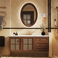 Meuble-lavabo mural de luxe moderne personnalisable en bois massif résistant à l'eau pour hôtel et villa avec miroir LED intelligent et armoire à pharmacie