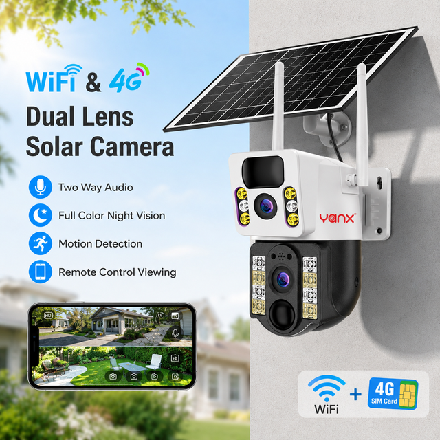 YANX V380 Pro Low Power Consumption Solar Camera Security 4G Outdoor PTZ 4K 8MP Wireless 4MP Dual Lens  CCTV Camera