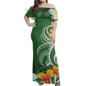 2022 повседневные платья с открытыми плечами в гавайском стиле с цветочным принтом, женское длинное платье с оборками, дизайнерское платье на заказ с зеленым Полинезийским племенным принтом