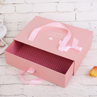 Boîte à bijoux, bonbons ou sous-vêtements rose mignonne en gros, avec emballage tiroir, poignée, pliable, rectangulaire, avec nœud en ruban offset