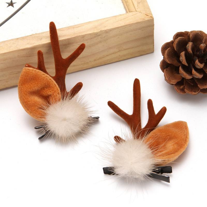 Cream-colored mink fur antler-shaped hair clip - brown