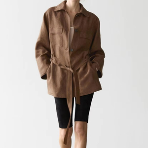 Chemise-veste décontractée pour femme en mélange de lin marron, coupe ample, avec ceinture, poches, respirante, pour l'été, usage quotidien, bureau - Product Image 1