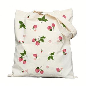 Sac à bandoulière en toile imprimé fraises, sac de shopping portable pour femme, mode estivale, fermeture éclair, idéal pour étudiantes et loisirs - Product Image 1
