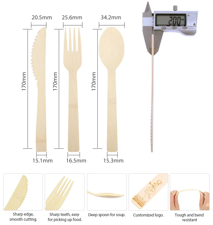 Peralatan makan bambu ramah lingkungan sekali pakai Mudah terurai Set sendok garpu bambu