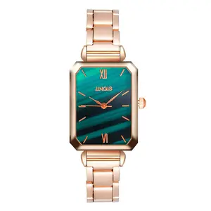 HY แฟชั่นนาฬิกาสี่เหลี่ยมเล็กผู้หญิงย้อนยุคธุรกิจโซ่สันทนาการสายสีเขียวแผ่นมาลาไคต์ผู้หญิงทั้ง