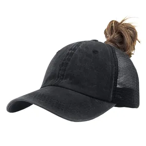 Distressed Baseball Cap Met Paardenstaart Gat Vintage Katoen Sport Hoed Rommelige High Bun Ponycap