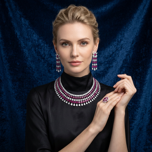 Brass Rhodium Plated <b>Ruby</b> Pink White Zircon Bridal Choker <b>Necklace</b> Earrings Set Custom Size Bollywood Style Indian Wedding Party - Product Image 3