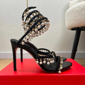Luxury Spiral Wrap Around Sandals for Women Pearl Rhinestone Stiletto Heels Sexy Serpentine Ankle Strap Party Dress <b>Shoes</b> - Product Image 3