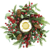 Couronne de Noël porte-bougie 12 pouces avec pommes de pin, baies bleues et feuillage persistant, écologique, faite à la main, centre de table OEM