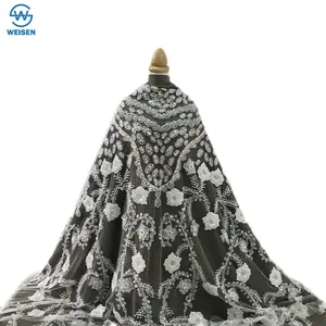 Thời trang 3D handmade Spun ngọc trai mỏng gạc thêu ren vải, ngọc trai sequin vải ws3171