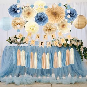Decorazioni per <span class=keywords><strong>Compleanno</strong></span> Blu Polvere, Beige e Champagne, Stile Boho Neutro, Striscione 'Happy Birthday', Pompon, Lanterne, Ventagli, Ghirlande con Nappe per Matrimoni e Compleanni - Product Image 5