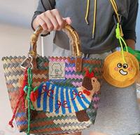 Sac fourre-tout vintage rayé en nylon tressé avec pendentif chien, pour femme