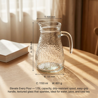 Vente en gros à l'international : Carafe transparente à motif martelé avec poignée, grande capacité, résistante à la chaleur, pour thé, café, jus, usage festif