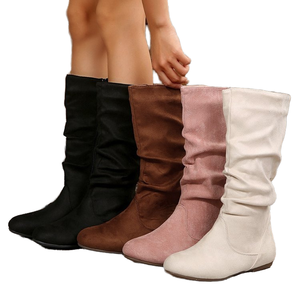 Plus Size Mid-Calf <b>Boots</b> Women Autumn Winter New Slip-On Pleated Slouch Flat Pu Upper Rubber Outsole Solid Round Toe - Product Image 1