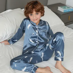 New style custom multi color home clothing for boys and children long sleeved ice silk long pants pajama set