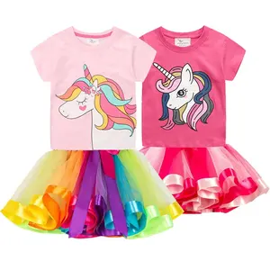 Conjunto de 2 piezas de ropa de bautismo para niñas de 3 a 8 años, vestidos de unicornio para niñas, camisetas de fiesta de cumpleaños para niñas, vestido de tutú