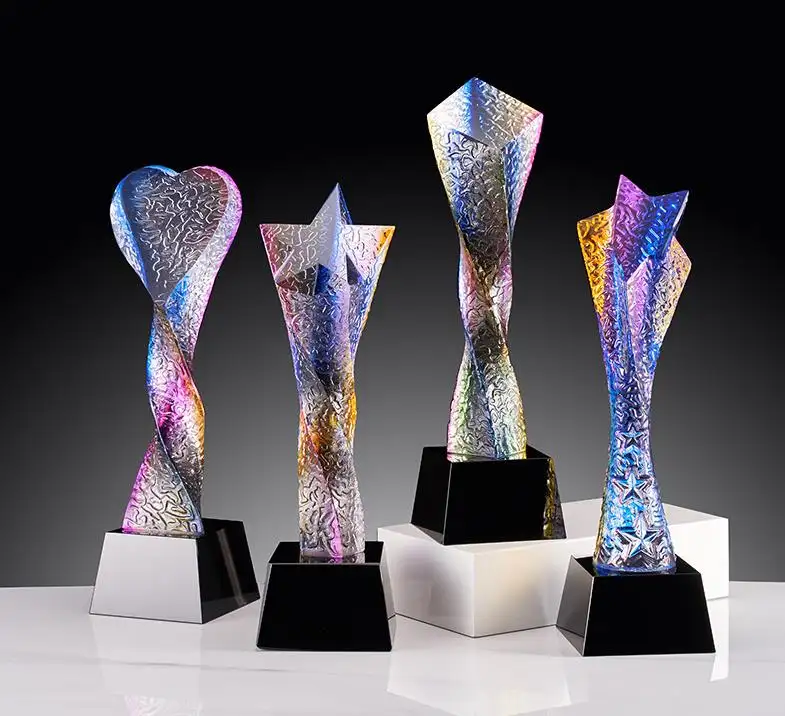 ADL High Quality Colorful 5 Star Column Pillar Crystal Trophy / Optical Star Twist Column Crystal Award Trophy Medal