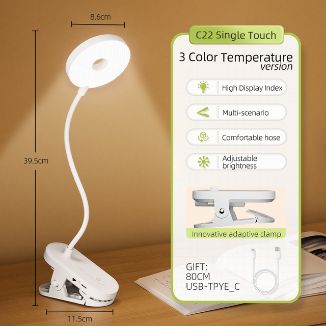 Rechargeable Clip-On Reading Lamp LED Book Light with 3 Stepless Dimming, Portable Table Lamp for Home Office