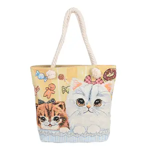 Bolso de playa de lona con estampado de gato de estilo europeo y americano, bolsa de mano de algodón con logotipo