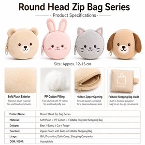 Porte-monnaie zippé en peluche à tête ronde, pochette animal en peluche avec sac de courses pliable – Ours, Lapin, Chat, <span class=keywords><strong>Chiot</strong></span> - Product Image 3
