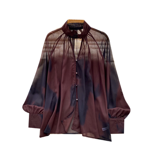 Blus Kasual Wanita Lengan Panjang Kerah Tinggi Bahan Mesh, Kemeja Polos Wanita, Atasan Manis Wanita, Pakaian Wanita Grosir - Product Image 4