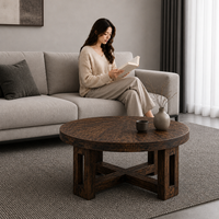 Table basse circulaire Wabi Sabi en bois foncé, pieds en colonne minimalistes, table d'appoint pour salon et appartement