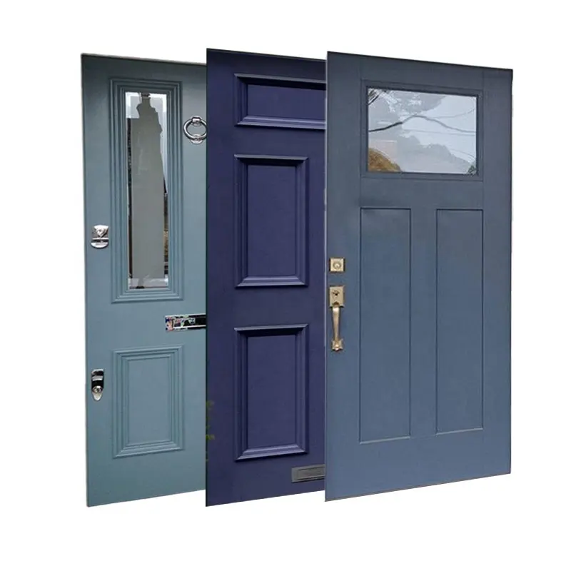 Custom modern look solid wood door Latest design entrance classic blue front wood door with glass through light