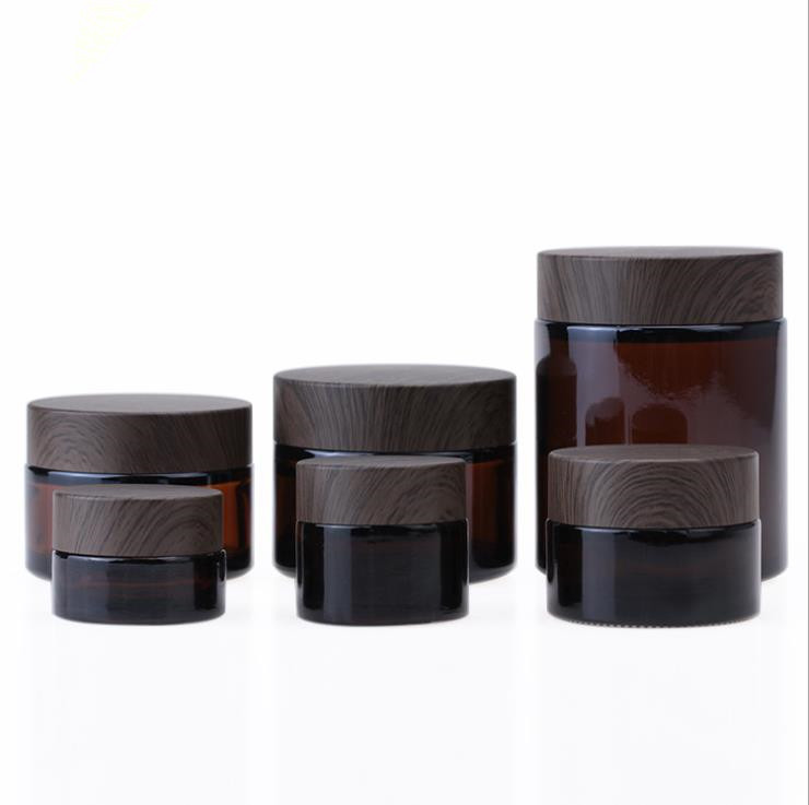 in stock, 5g 10g 15g 30g 50g 100g amber glass cream jar with wood grain cap for eye/face cream