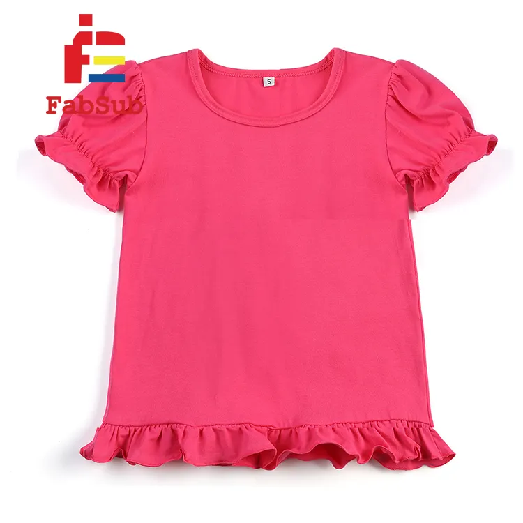 Детская Однотонная рубашка с оборками на рукавах, сублимационная футболка из 100 процентов полиэстера, яркая рубашка с оборками для девочек