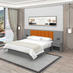 Custom Low Cost 3 Star Hotel Bedroom Furniture Sets with Platform Bed Frame Padded <b>Headboard</b> <b>Panel</b> and Integrated Nightstands - Product Image 2