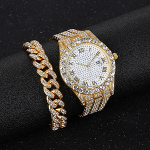 Factory Wholesale Gold Silver Color Men's Jewelry Sets Alloy with Bling Rhinestone Hip Hop Bracelet Roman Round Quartz Watch