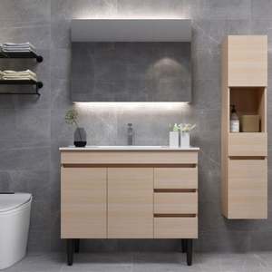 Meuble-lavabo mural de salle de bain au design classique moderne, lavabo en céramique résistant à l'eau, tiroirs à fermeture douce en mélamine, taille personnalisable - Product Image 3