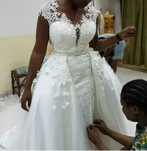 S8291F gaun pernikahan manik-manik mutiara, gaun putri duyung Afrika ukuran Plus lengan dengan rok Yang dapat dilepas