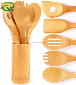 बीच की लकड़ी रंग चम्मच कांटा फावड़ा खाना पकाने रसोई घरेलू लकड़ी के रसोई बर्तन धारक के साथ सेट