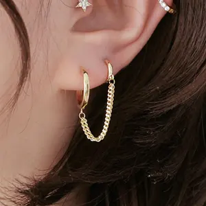 Minimalist Double Hoop Earrings With Chain Gold Cartilage Hoop Earrings Huggie Hoops