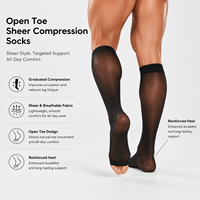 Chaussettes de compression transparentes à bout ouvert 15-20 mmHg, hauteur genou, en nylon et élasthanne, respirantes, à détection par aiguille, réduisent l'enflure et la fatigue des jambes