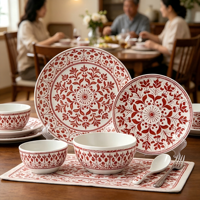Ensemble de bols et assiettes en céramique rouge terre cuite à motifs floraux imprimés à la main, style bohème, vaisselle pour la maison, le restaurant, le camping et les cadeaux