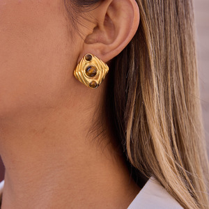 Geometric <b>Stud</b> <b>Earrings</b> Gold Plated Tiger Eye And Faux Pearl Bezel Setting Stainless Steel Jewelry For Gift - Product Image 3