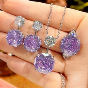 Fashion Eco-friendly Copper 18K Gold Plated Women's Rose Cut 14-12mm Purple Zircon Trendy Banquet Party Jewelry <b>Set</b> Necklace - Product Image 3