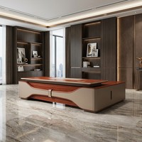Bureau de direction professionnel 3,2 m avec LED 3 couleurs, table de PDG en bois de placage naturel émaillé, mobilier de bureau en MDF E1