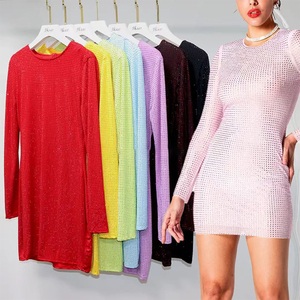 Robe de soirée moulante mini sexy à manches longues et col, couleur unie, ornée de strass, taille haute, tissée, luxe, automne, personnalisée ODM - Product Image 1