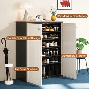 <span class=keywords><strong>Meuble</strong></span> à <span class=keywords><strong>chaussures</strong></span> et armoire de rangement en acier avec plateau en bois massif et étagères réglables – Organisateur multifonctionnel pour entrée - Product Image 3