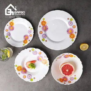 High Quality Opal Glass Tableware Customized Size Opal Glass Plate Decal Flower Design Flat Plate and luxury opal dinner set