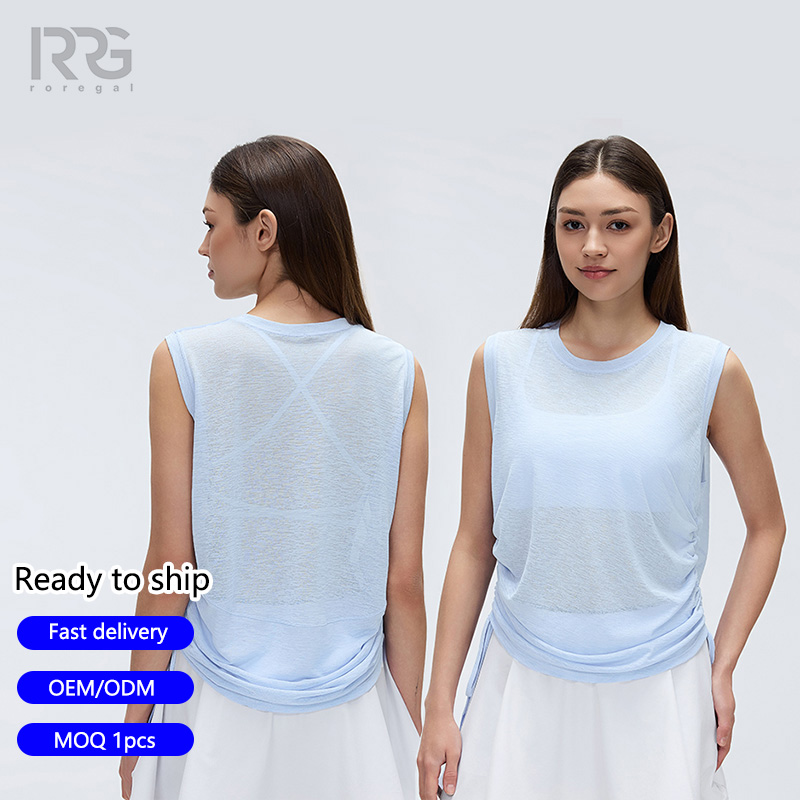 Roregal Women Slub Yarn Breathable Quick-Dry Yoga Gym Cover up Side Drawstring Tank Top