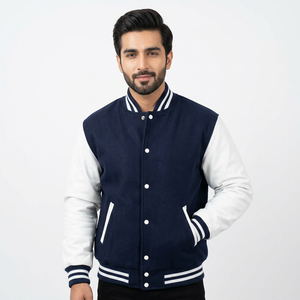 Veste de baseball personnalisée pour homme, bleu marine, manches en cuir blanc, style décontracté, sport, bomber, avec patch - Product Image 1