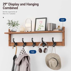 Solid Wood Coat Rack With <b>Shelf</b> 29 Inch Wall Mounted <b>Hooks</b> For Entryway Bedroom Bathroom Storage - Product Image 1