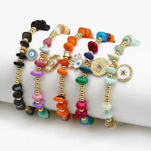 Fashion Jewelry Adjustable Colorful Chip Stone Dangling Crystal Evil Eye Bracelet Women Handmade Good Luck Turkish Eye Bracelet