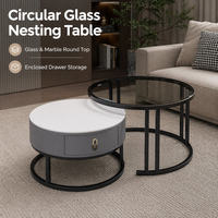 Precio Mayorista Directo: Juego de Mesa de Centro Compacta para Sala de Estar con Panel de Vidrio, Diseño Minimalista Mate, Doble Redondo, con Dos Niveles y Cajones Separados